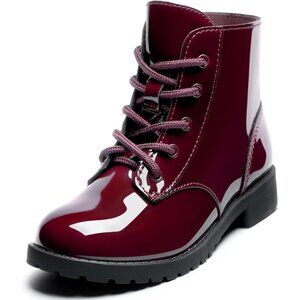 ⚡Girl Wine Red Faux Leather Toddler Ankle Lace Up Side Zipper Combat Shoes Boots